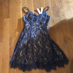 Aqua blue and tan lace cocktail dress